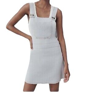 Crocheted bibbed overall sweater dress dusty blue with contrasting brown stitch